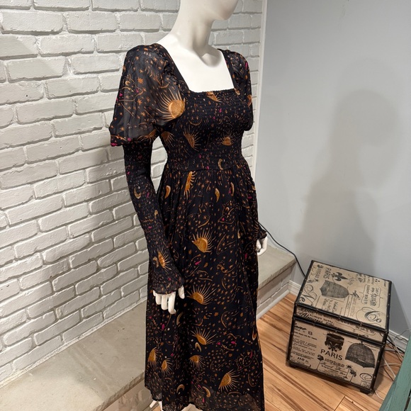 Farm Rio Boho Celestial Print Dress M | Smocked Midi Puff Sleeve Festival Luxe - Picture 11 of 16